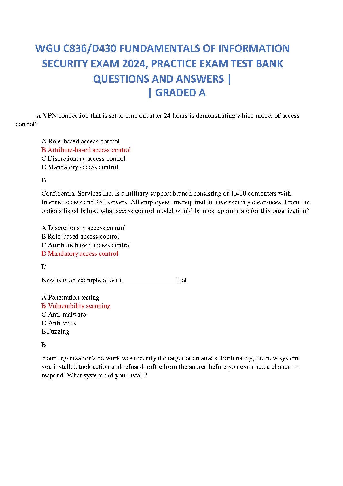 WGU InfoSec Exam Prep C836 D430 2026-27 Answers