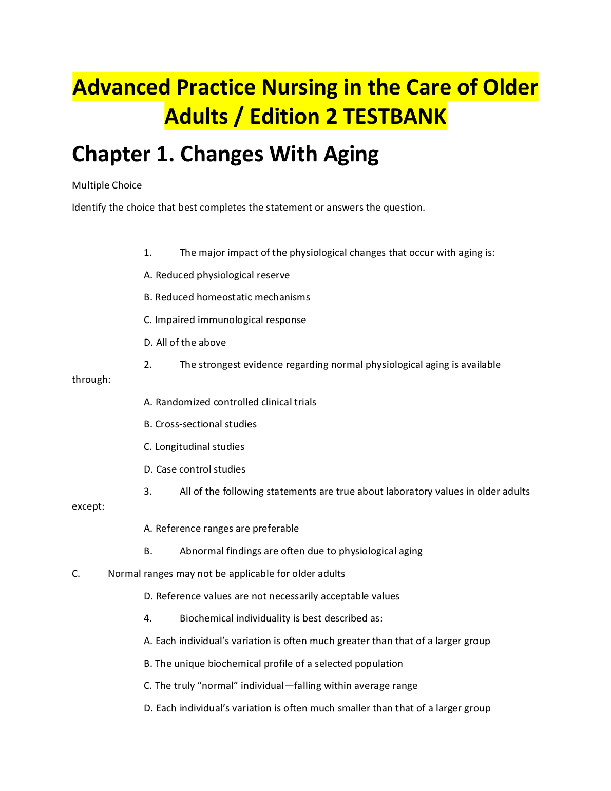 NR 601 Gerontological Nursing Chapter 1 Test Bank