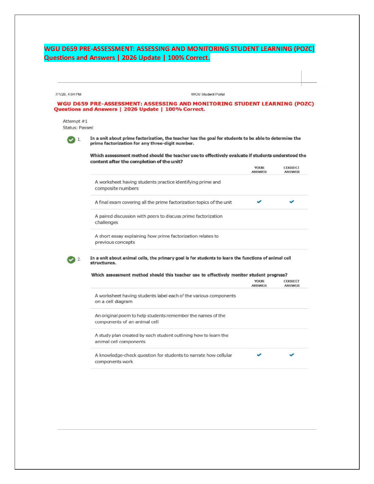 WGU D659 Pre-Assessment Q&A 2026 | Assesing & Monitoring Student Learning