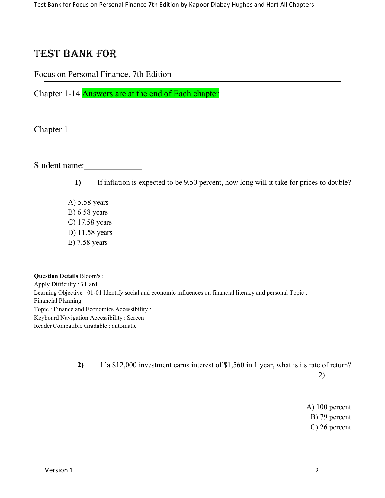 Focus On Personal Finance, 7th Edition - TEST BANK