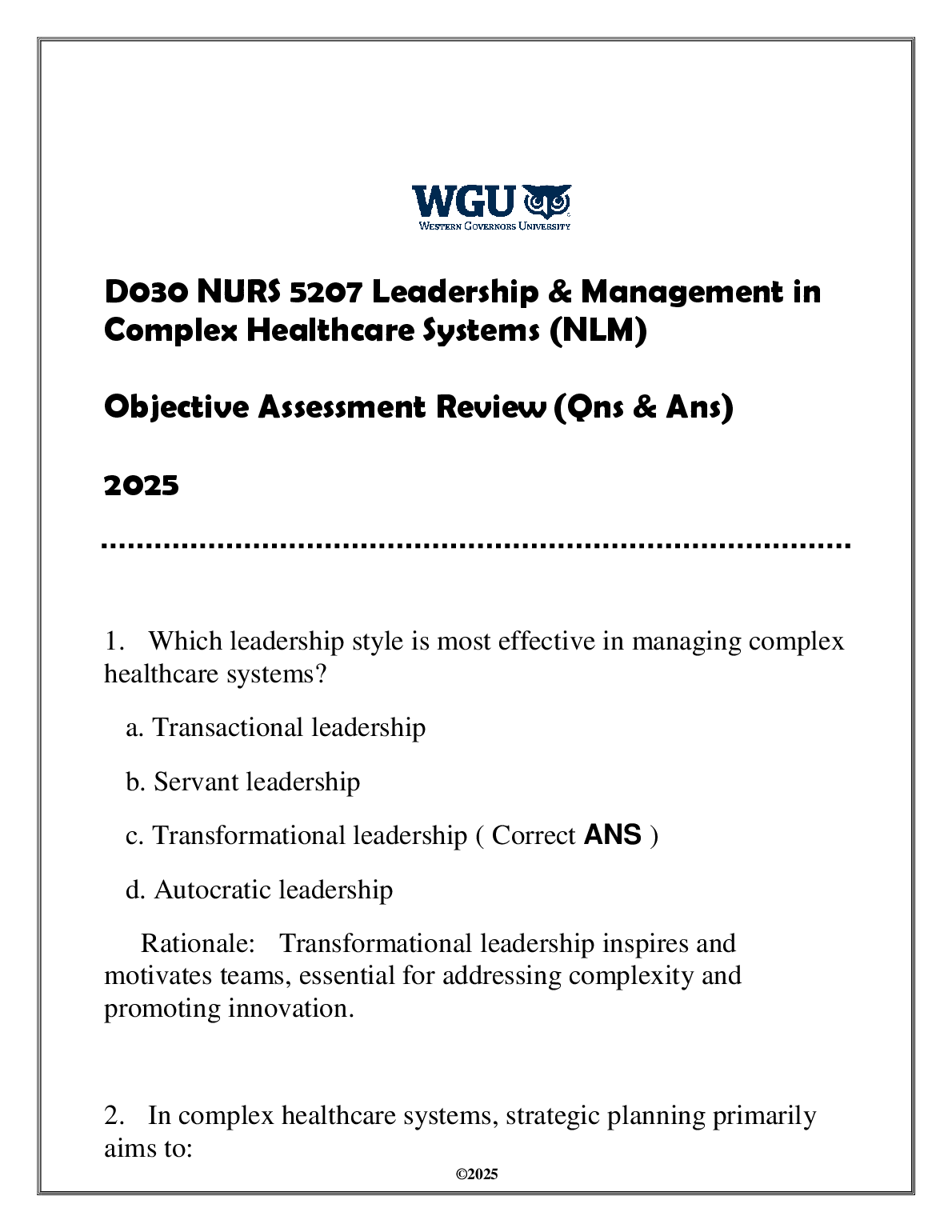 WGU NURS 5207 Leadership Management Exam Prep 2025 Q&A