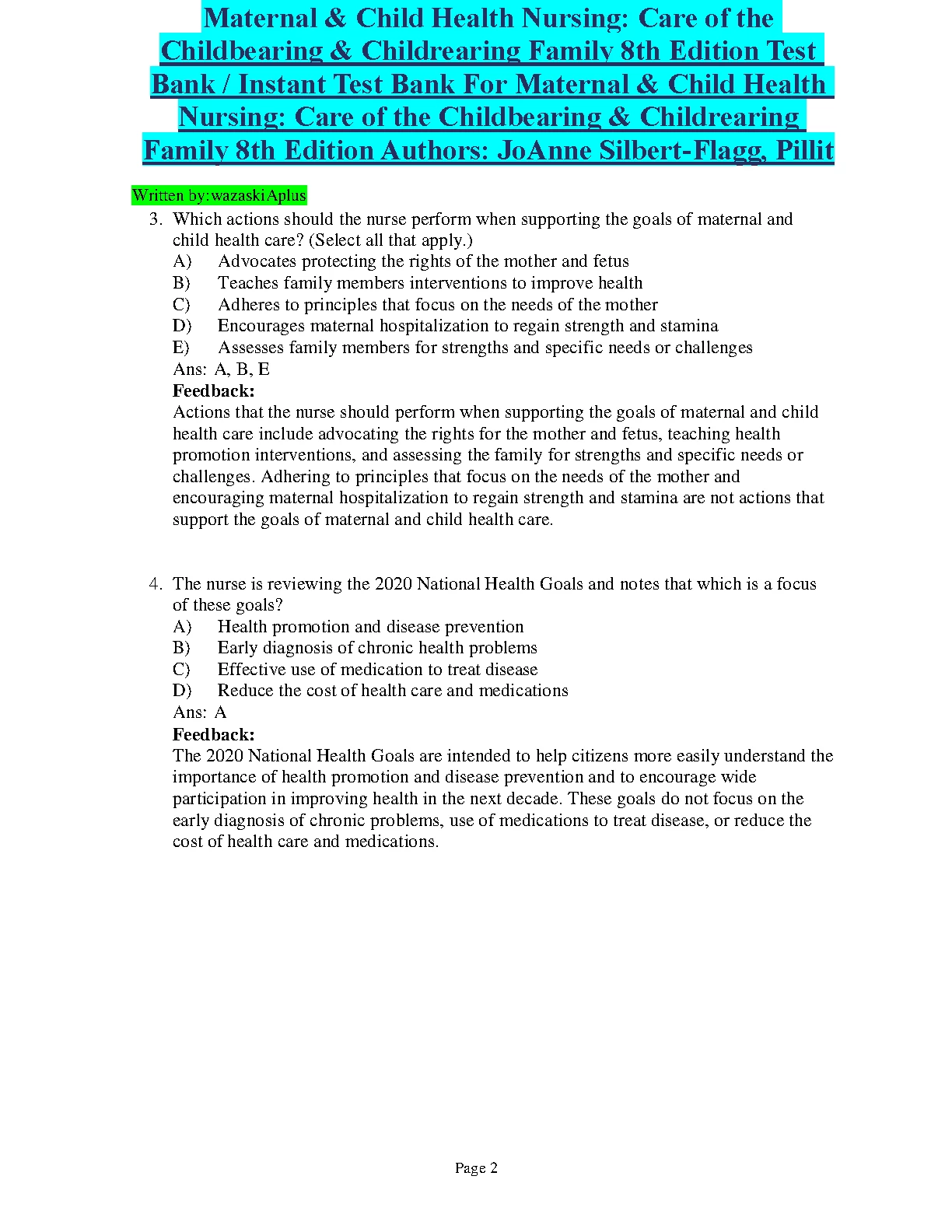 Maternal and Child Health Nursing Test Bank 2026/27
