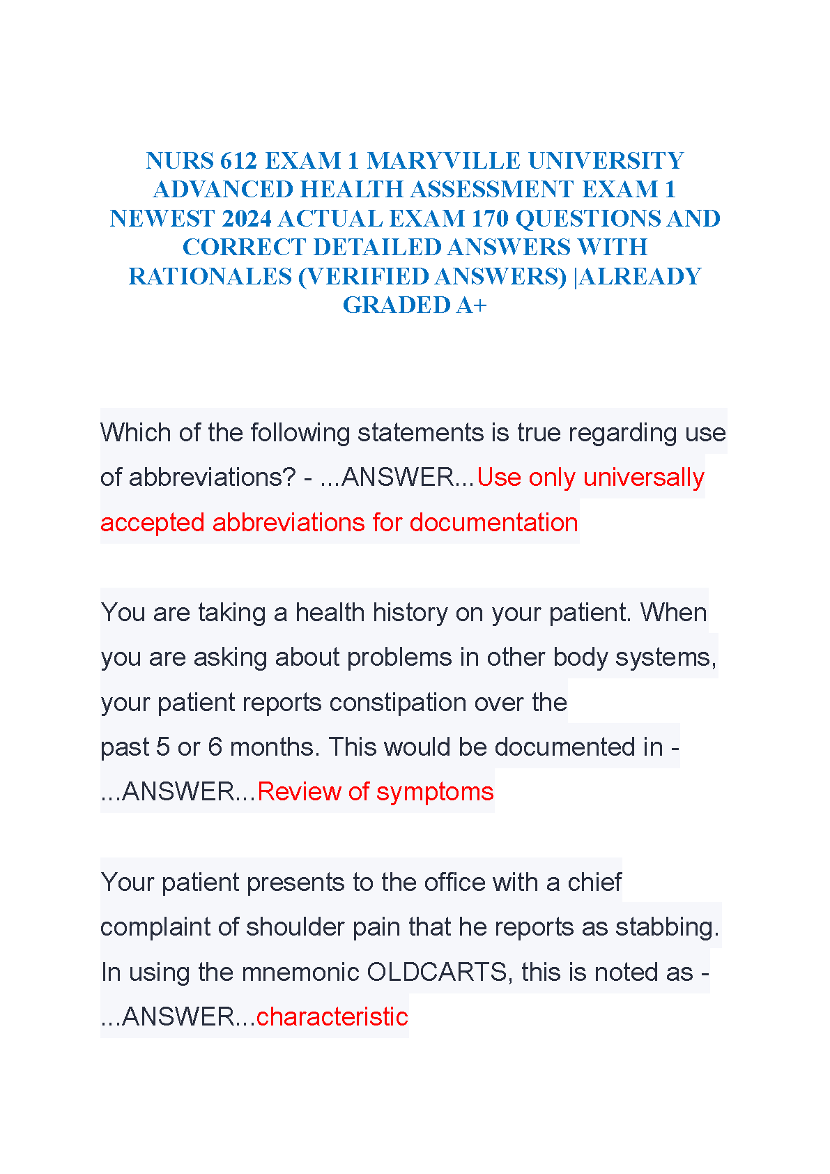 Maryville NURS 612 Exam Prep 2026/27 Verified Answers Guide IMG-1