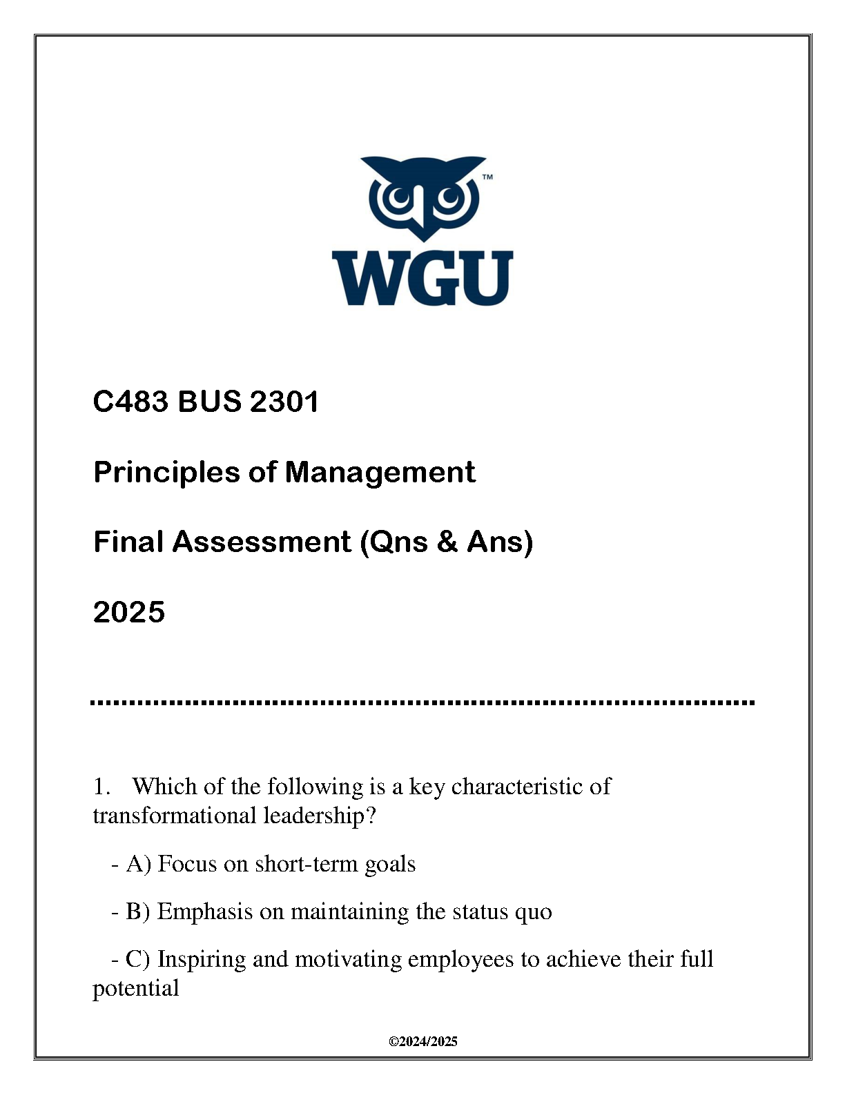 WGU C483 Principles of Management Final Q&A 2025