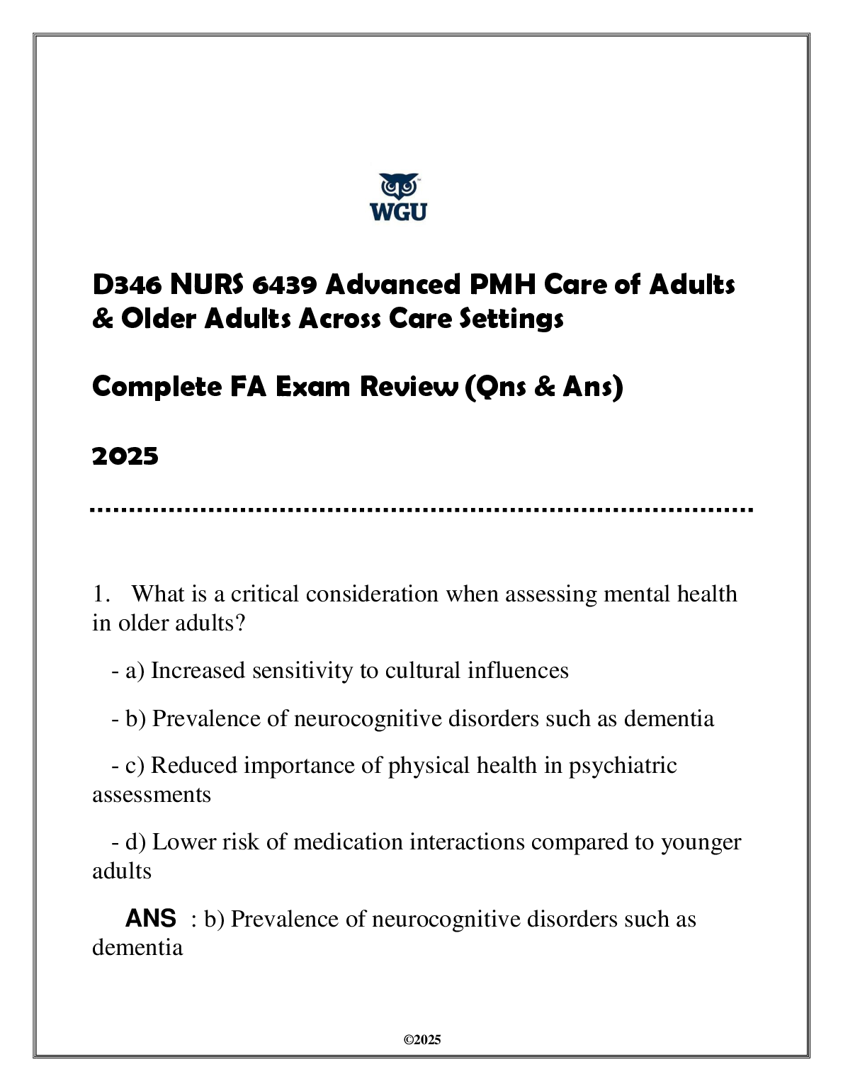 NURS 6439 WGU FA Exam Review 2025 Q&A Study Guide