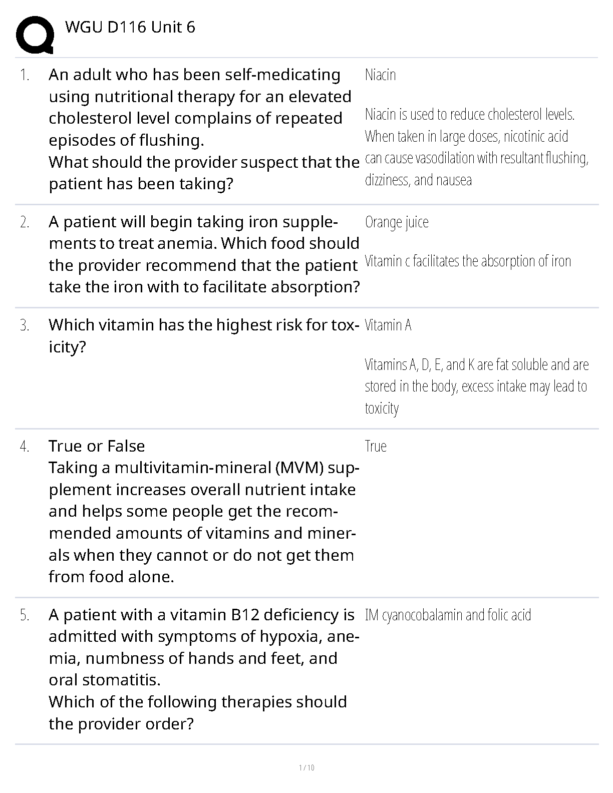 WGU D116 Unit 6 Nutrition and Vitamins Study Guide 2025