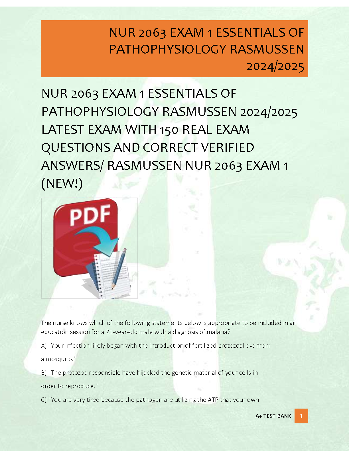 NUR 2063 Pathophysiology Exam 1 Test Bank 2024-2025