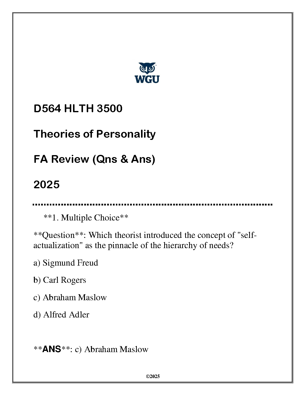 HLTH 3500 Theories of Personality Study Guide and FAQ