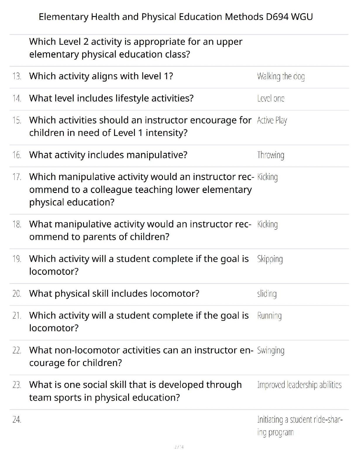 WGU D694 Exam Questions Answers 2025 Health PE Methods