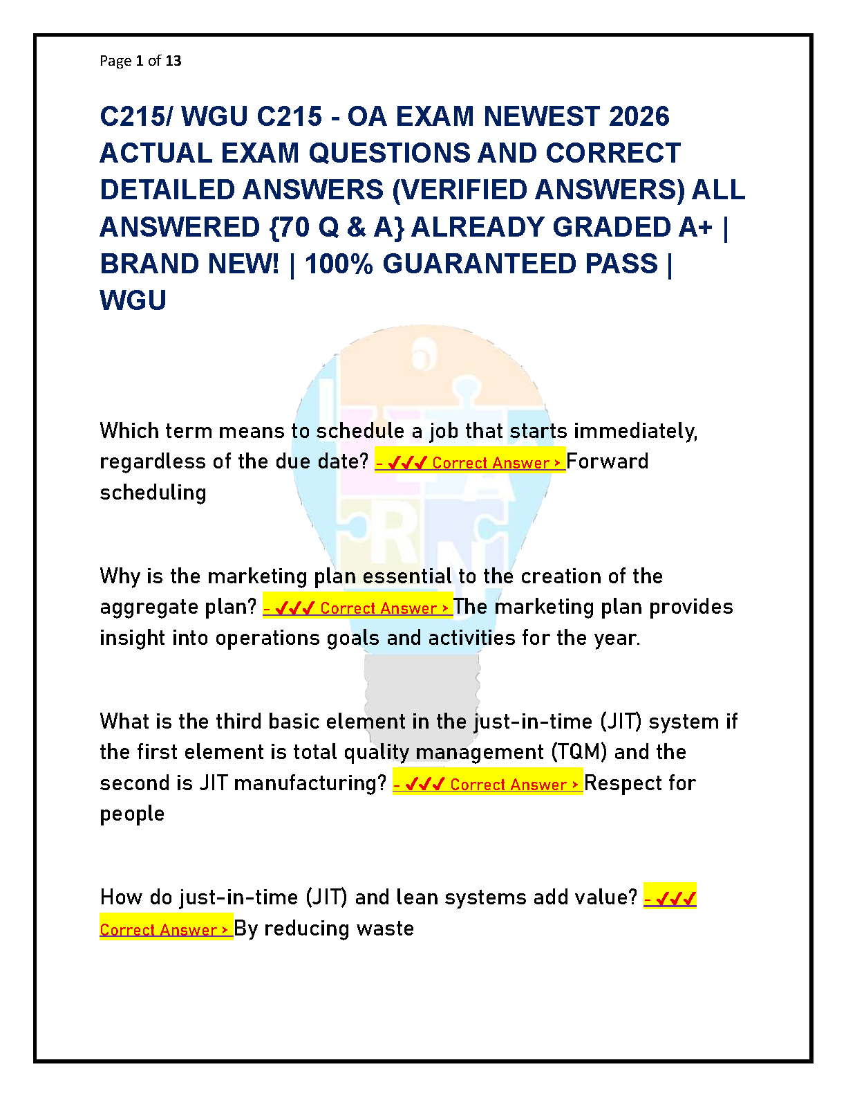WGU C215 Ops Mgmt Test Bank: 70 Questions and Answers IMG-1