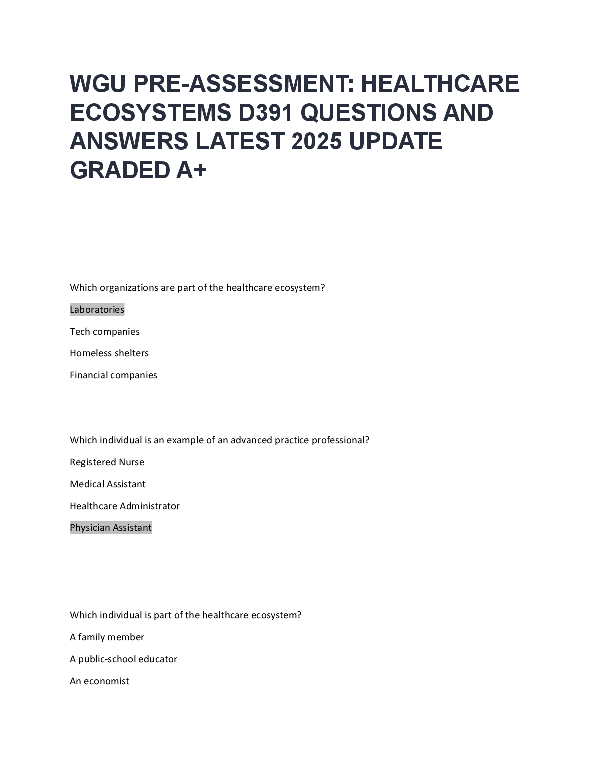 WGU D391 Healthcare Ecosystems Pre-Assessment Q&A 2025