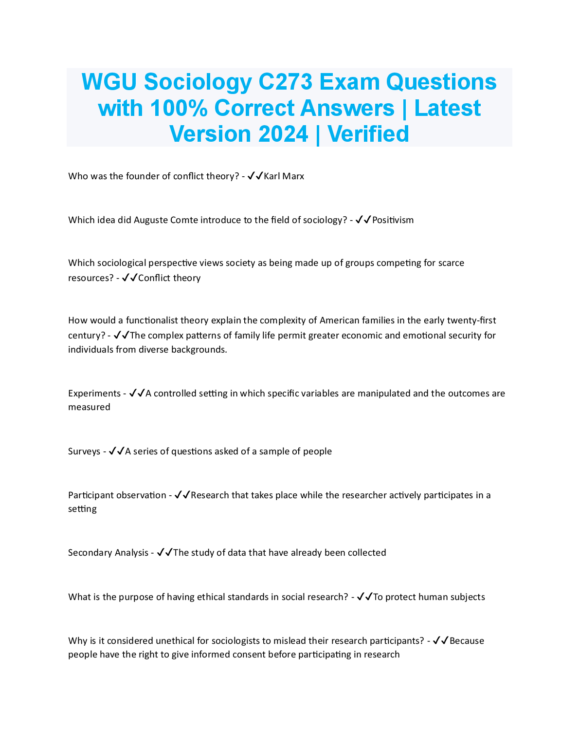 WGU Sociology C273 Exam Questions with Correct Answers