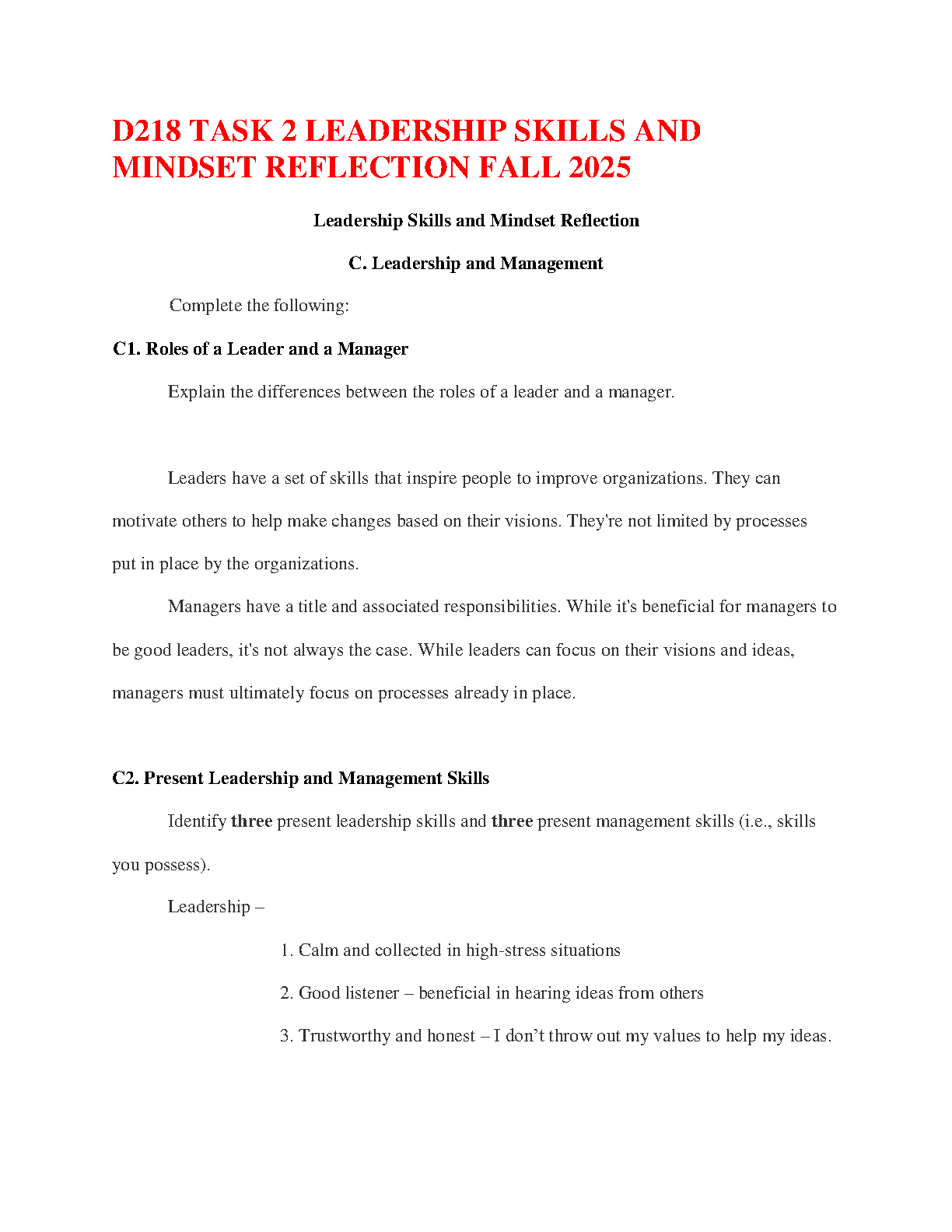 WGU D218 Task 2 Leadership Skills Reflection Exam Guide IMG-1