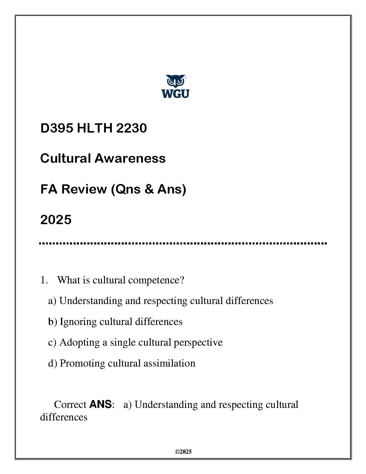 WGU HLTH 2230 Cultural Awareness Review Questions & Answers 2025