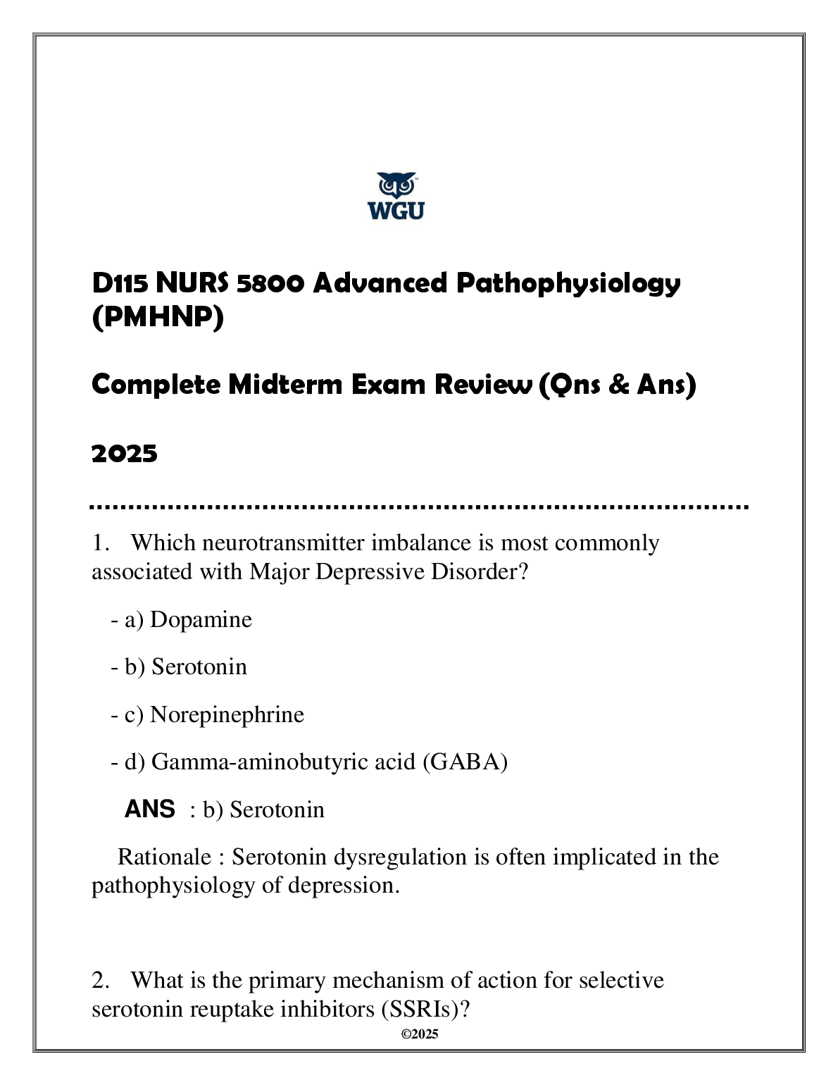 NURS 5800 Adv Patho PMHNP Midterm Q&A 2025