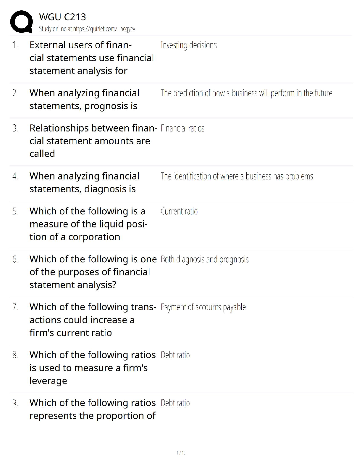 WGU C213 Financial Statement Analysis Study Guide 2024