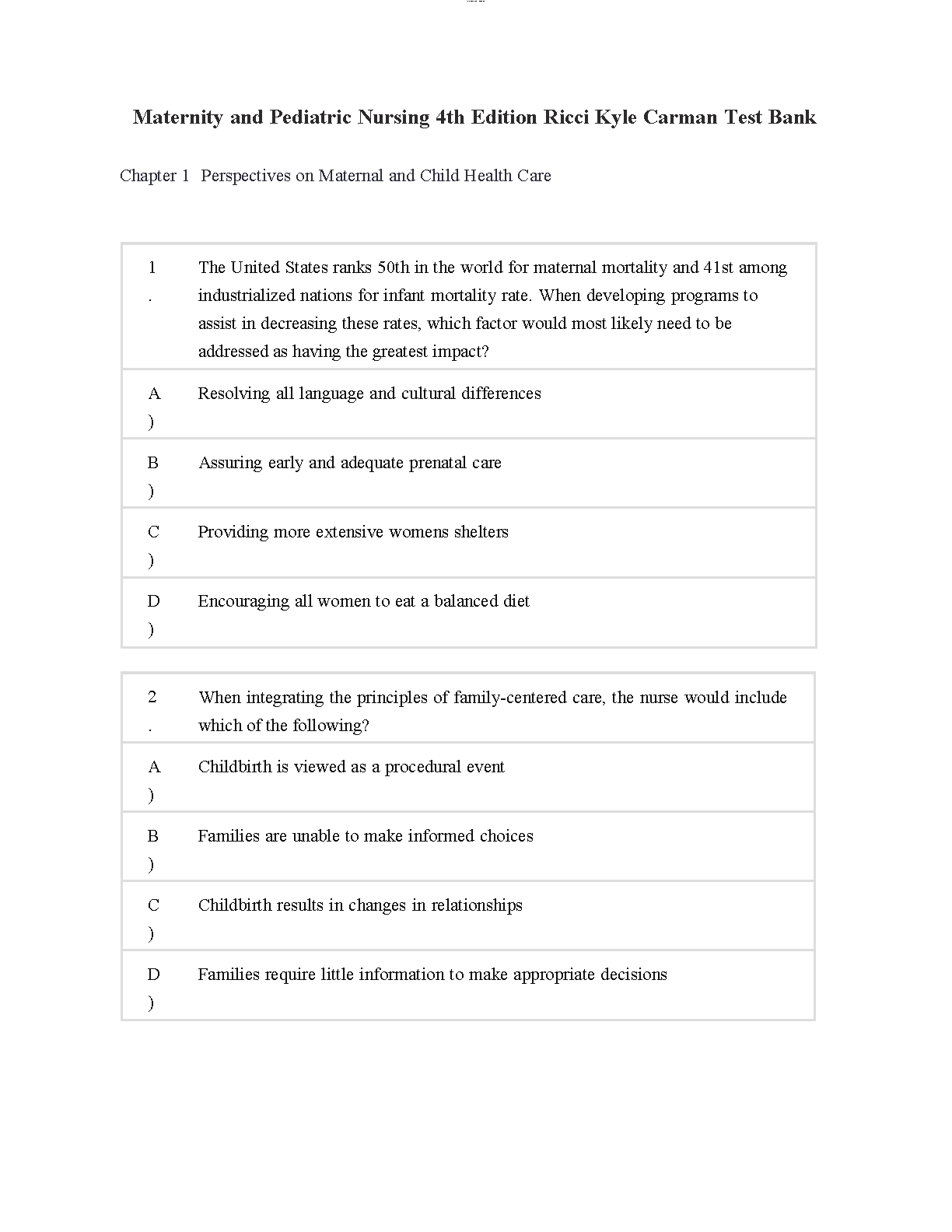 Ricci Maternity Pediatric Nursing Test Bank Verified