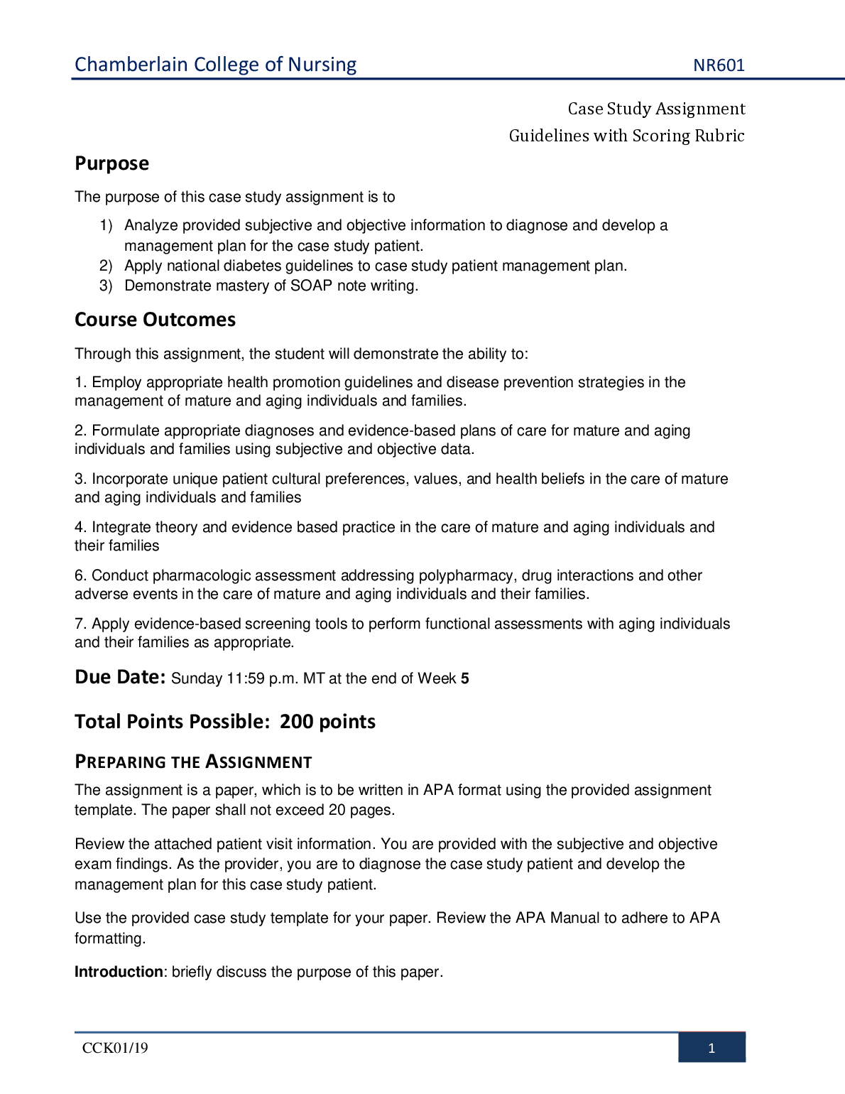 NR 601 Case Study Assignment Guide Chamberlain Nursing 2023