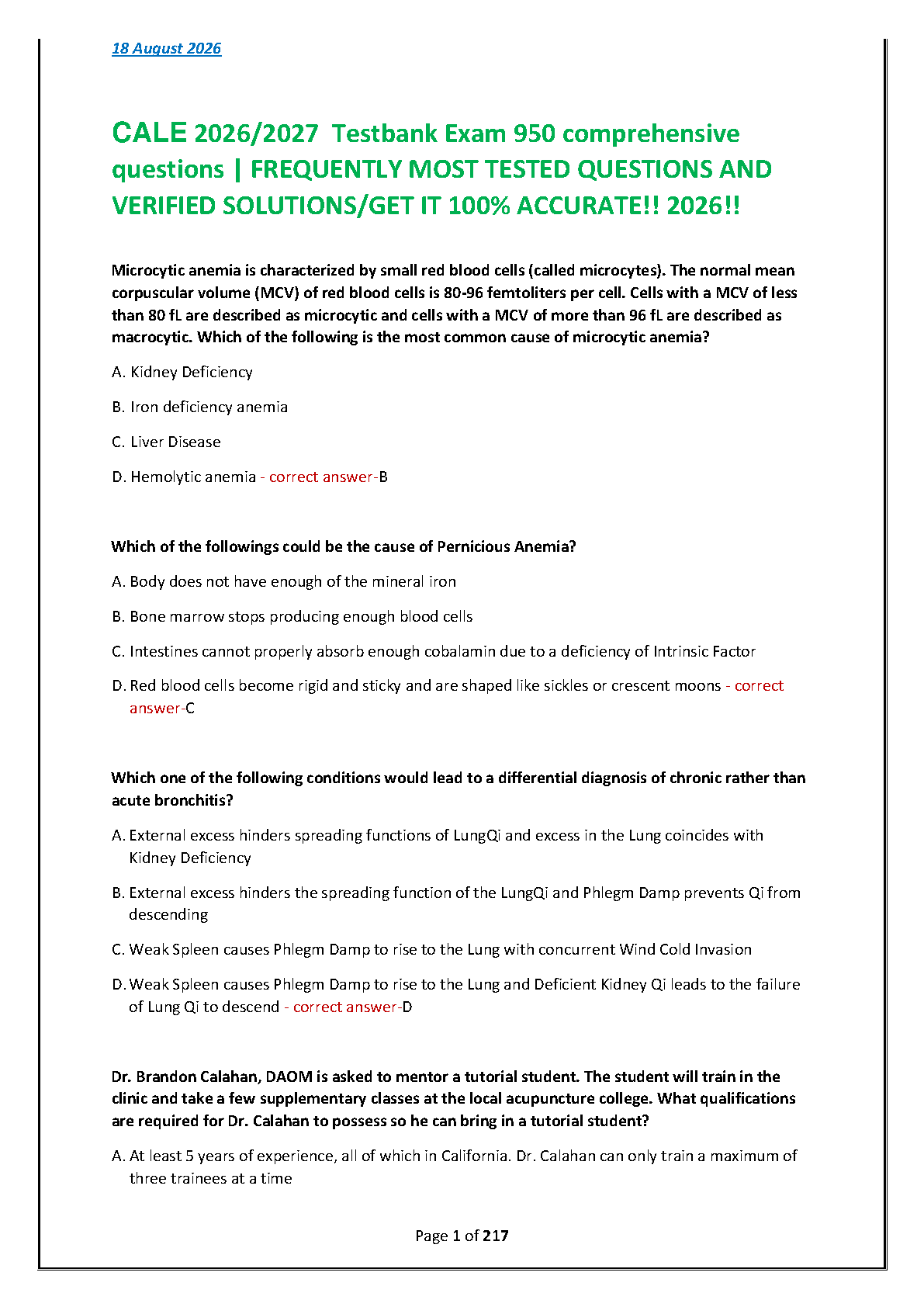 CALE 2026 Acupuncture Board Exam Test Bank & Answers