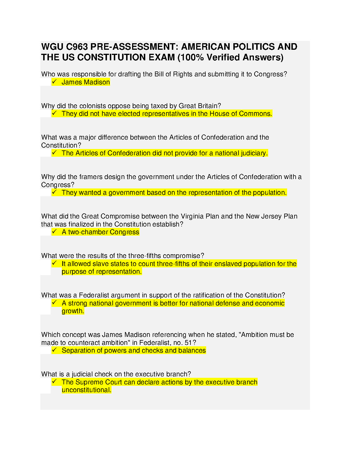WGU C963 Pre-Assessment Answers American Politics Constitution
