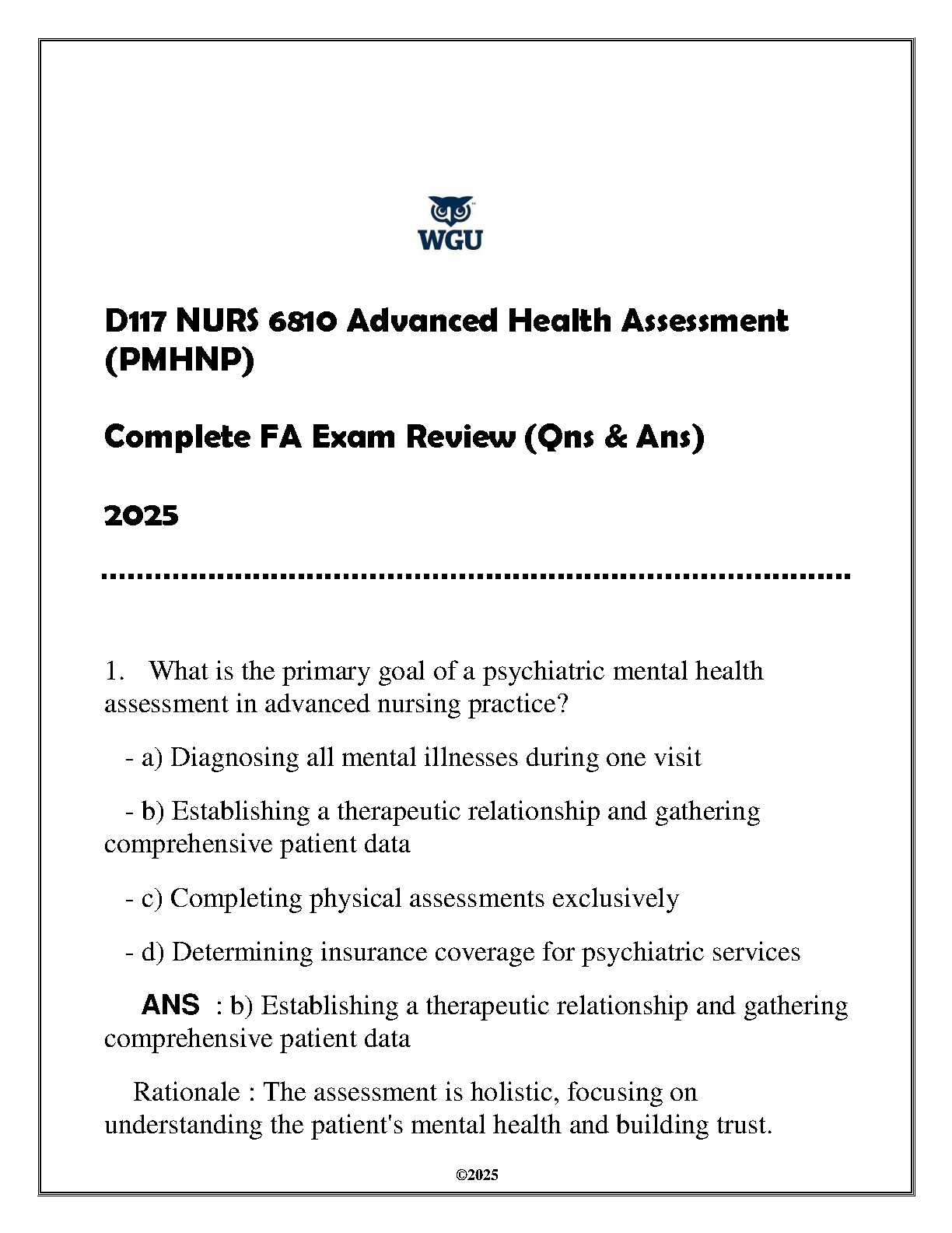 WGU NURS 6810 PMHNP Advanced Health Assessment Exam Prep IMG-1