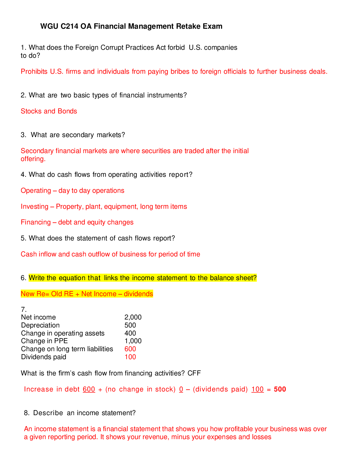 WGU C214 Financial Management Retake Exam Answers