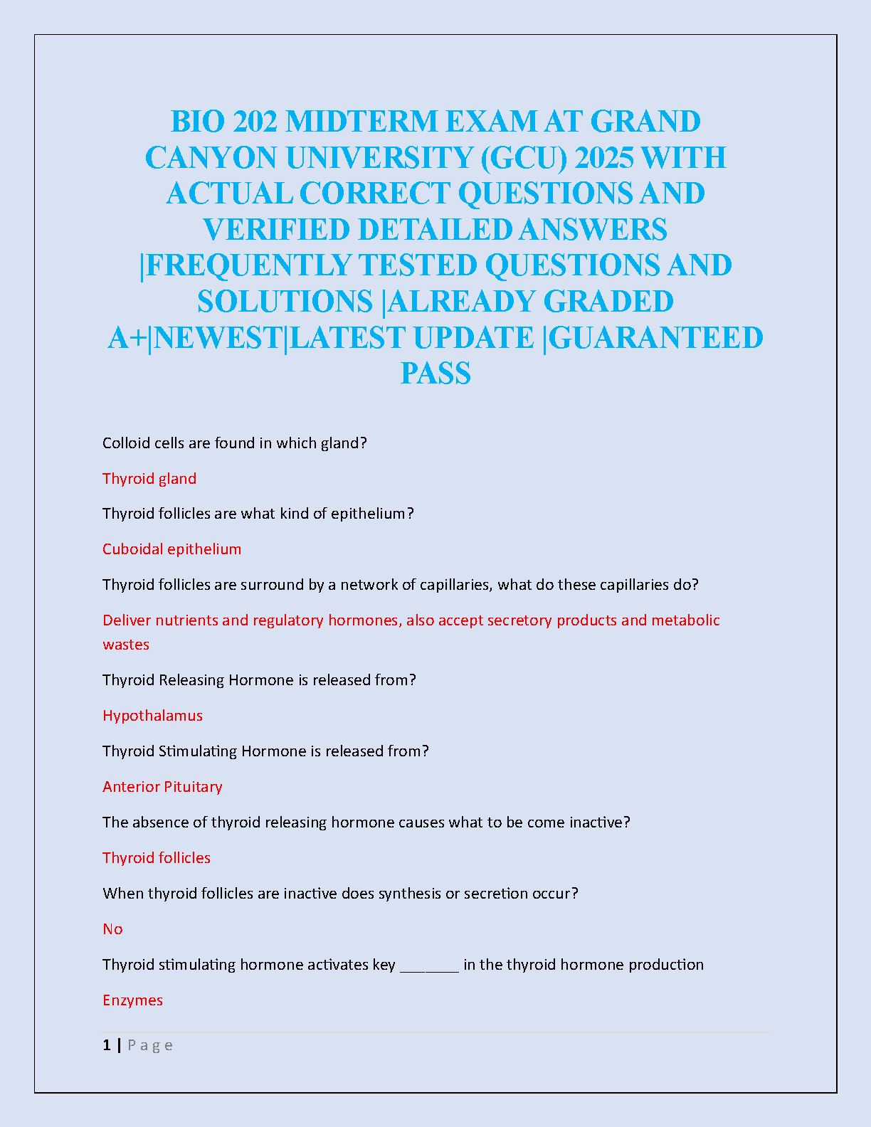GCU BIO 202 Midterm Test Bank 2026/27