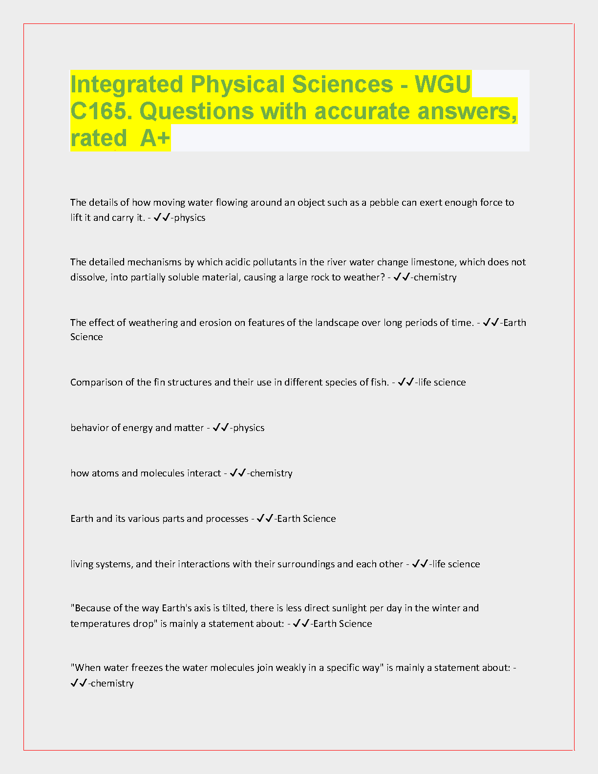 WGU C165 Integrated Physical Sciences Exam Qs & As