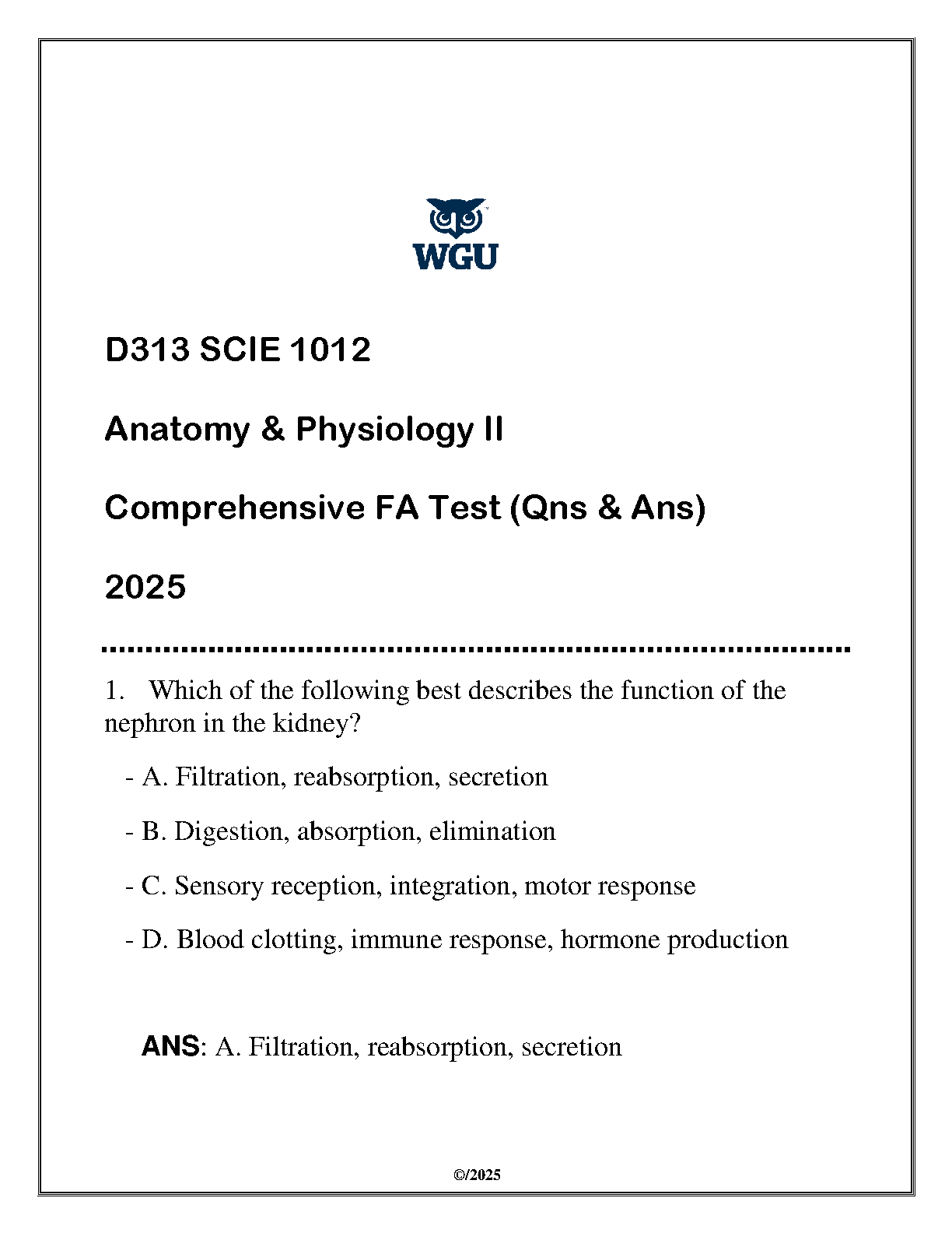 WGU SCIE 1012 Anatomy and Physiology II Final Exam 2025 Q&A