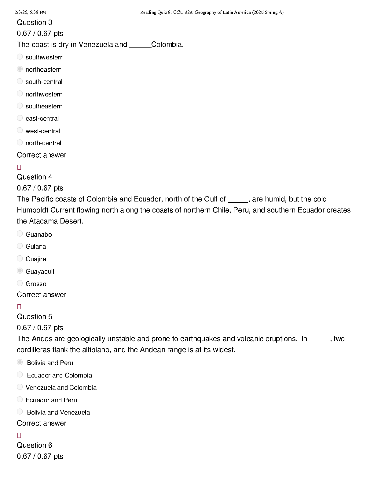 GCU 323 Lat Am Geography Quiz 9 Answers 2026