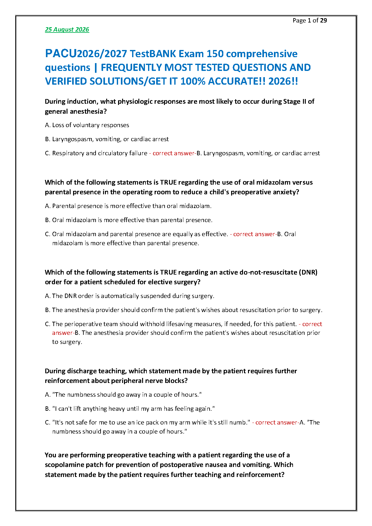 PACU Test Bank 2026 150 Verified Qs and Answers IMG-1