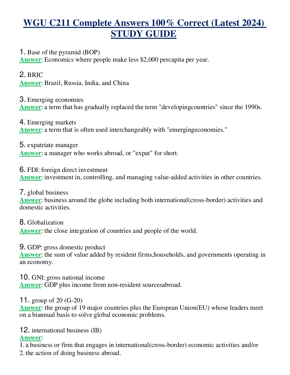WGU C211 Study Guide: International Business Answers & Definitions