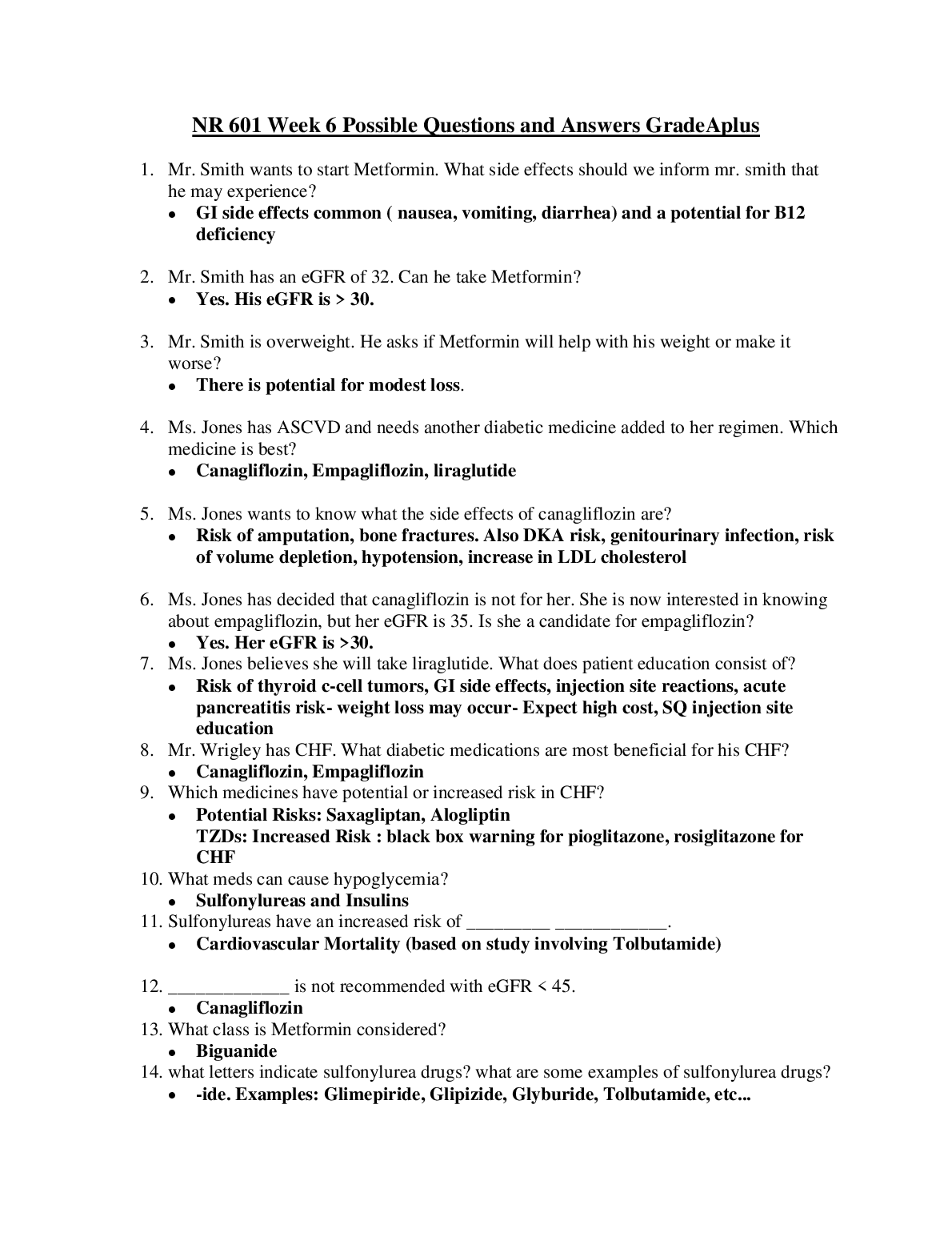 NR 601 Week 6 Metformin and SGLT2 Study Guide Answers