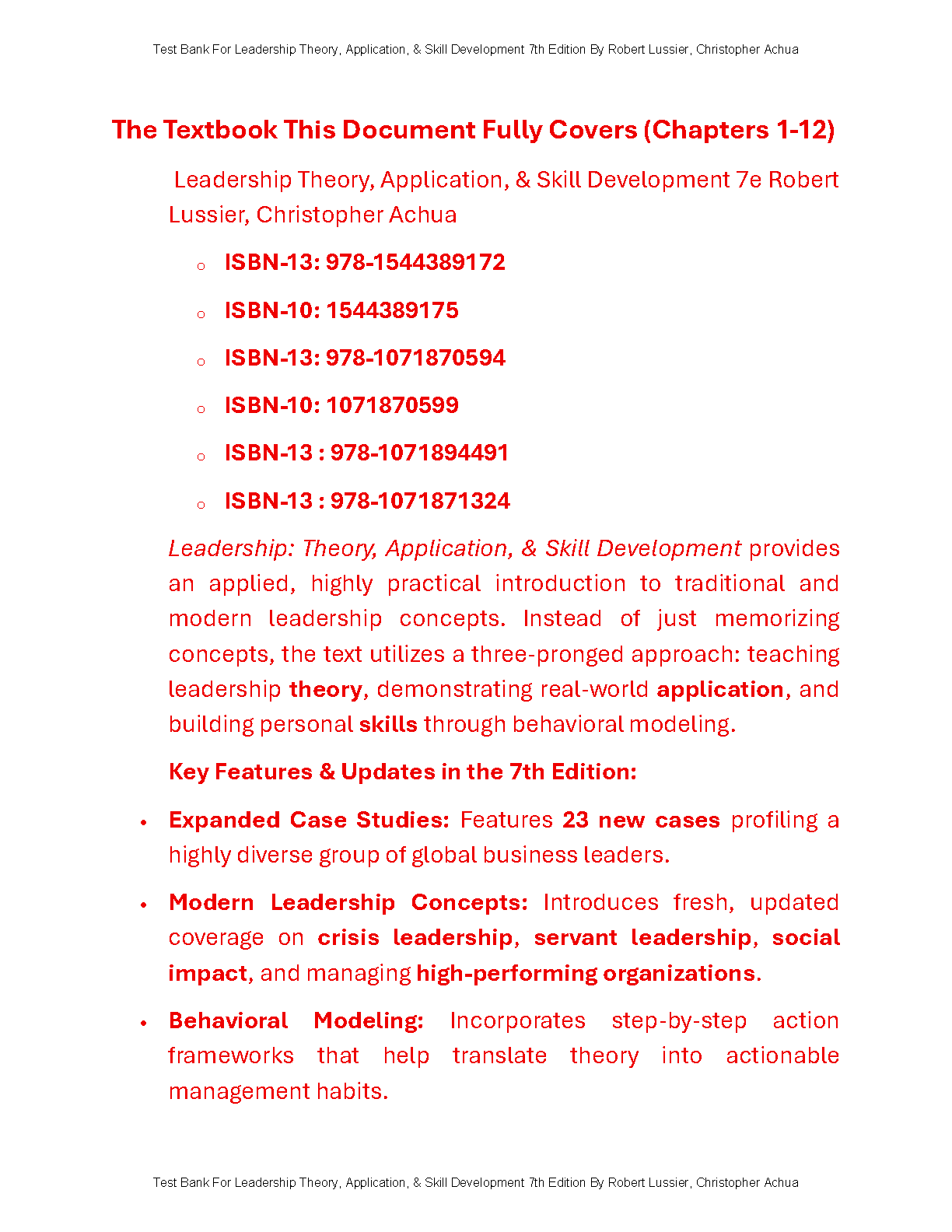 Leadership Test Bank 7th Ed Lussier Achua Questions