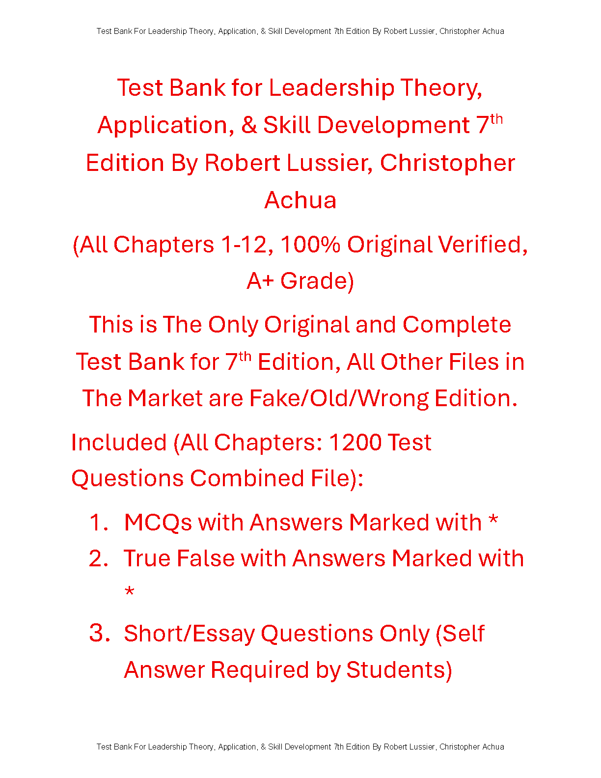 Leadership Test Bank 7th Ed Lussier Achua Questions