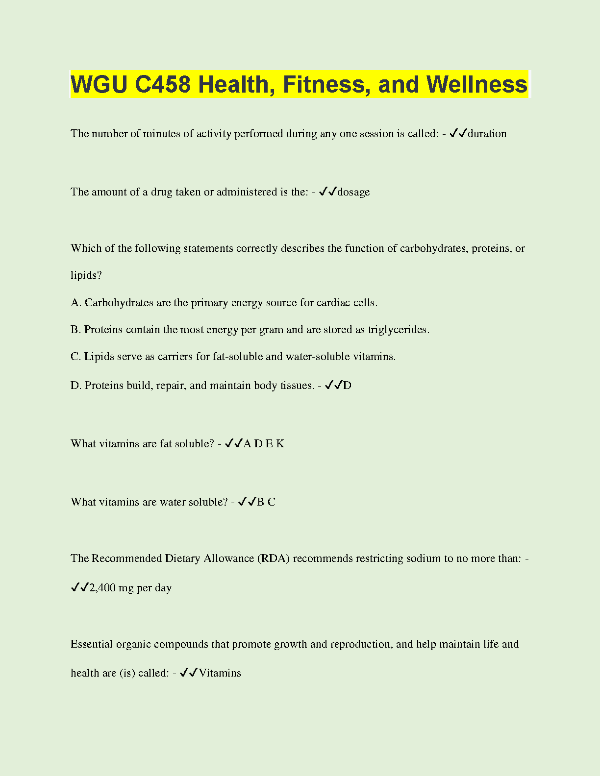 WGU C458 Health Fitness Wellness Exam Prep Guide