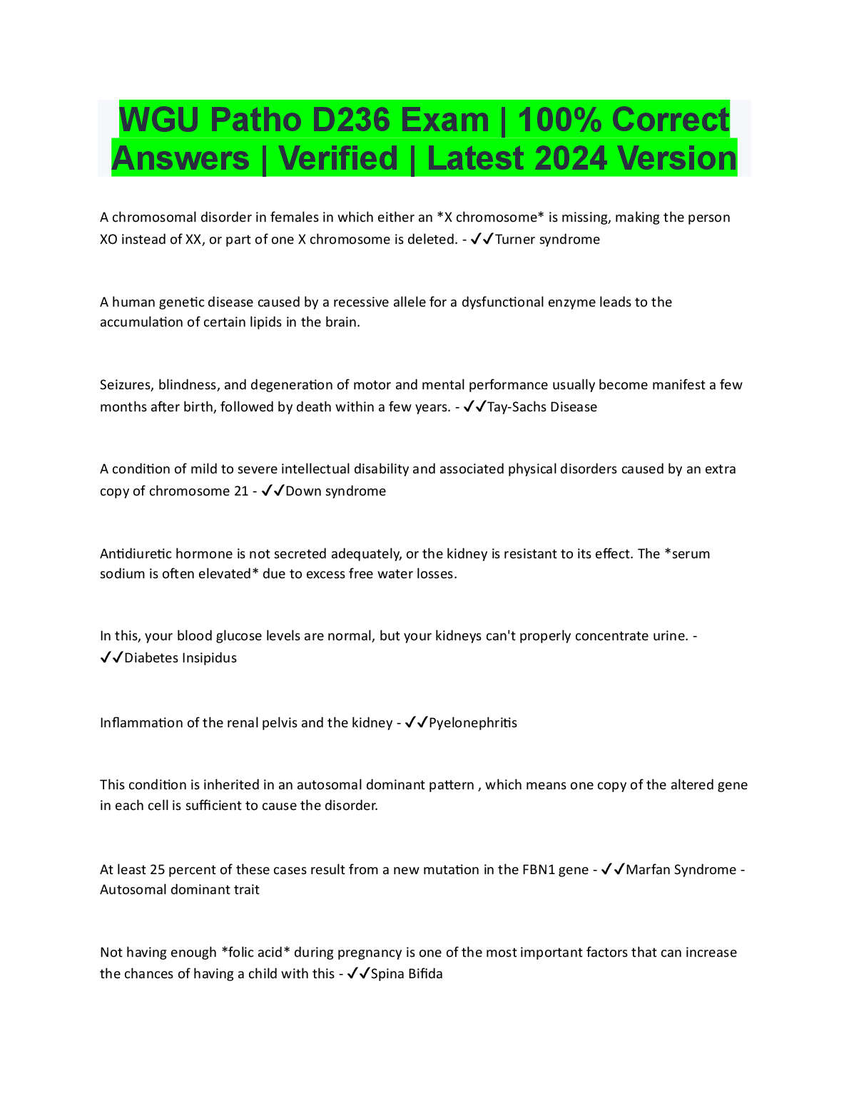 WGU Patho D236 Exam Questions with Verified Answers 2024 Guide