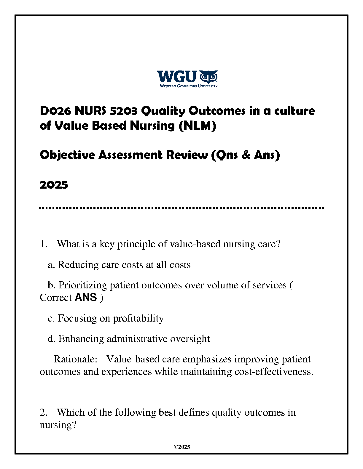 WGU NURS 5203 Study Guide 2026/27: Value-Based Nursing QA IMG-1