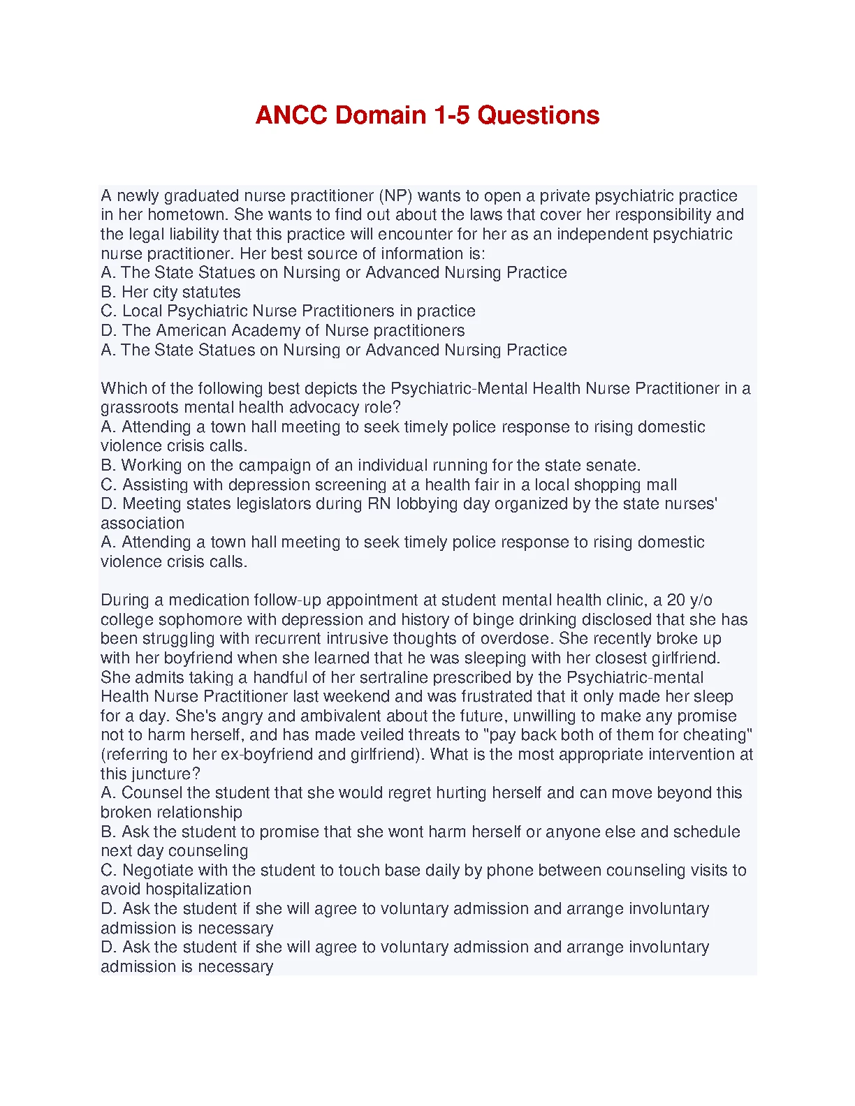 ANCC Domain 1-5 Questions and Updated Answers for Psychiatric NPs IMG-1