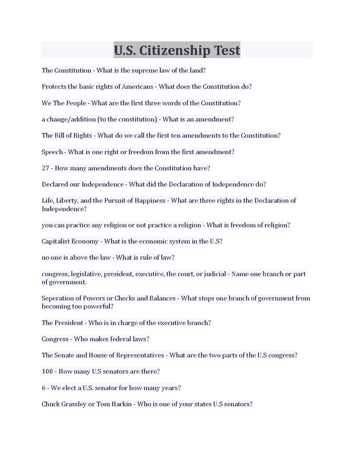 US Citizenship Test Questions and Answers 2026