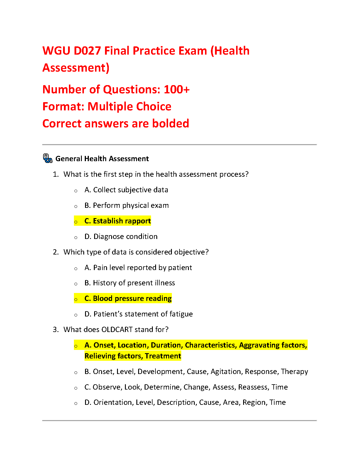 WGU D027 Health Assessment Test Bank Wilson Giddens 7e