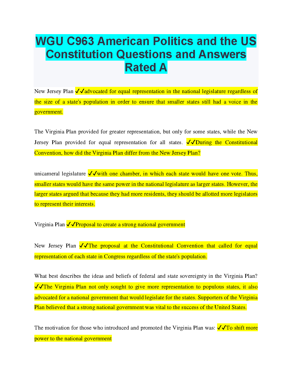 WGU C963 American Politics & Constitution Q&A