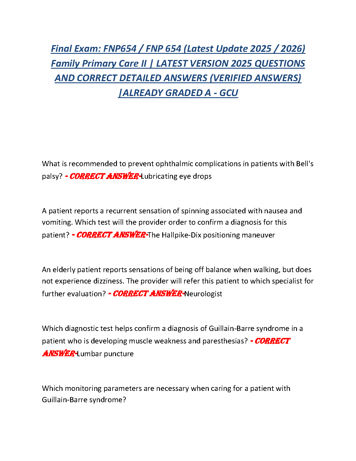 GCU FNP 654 Final Exam Test Bank 2026/27 | Verified Q&A