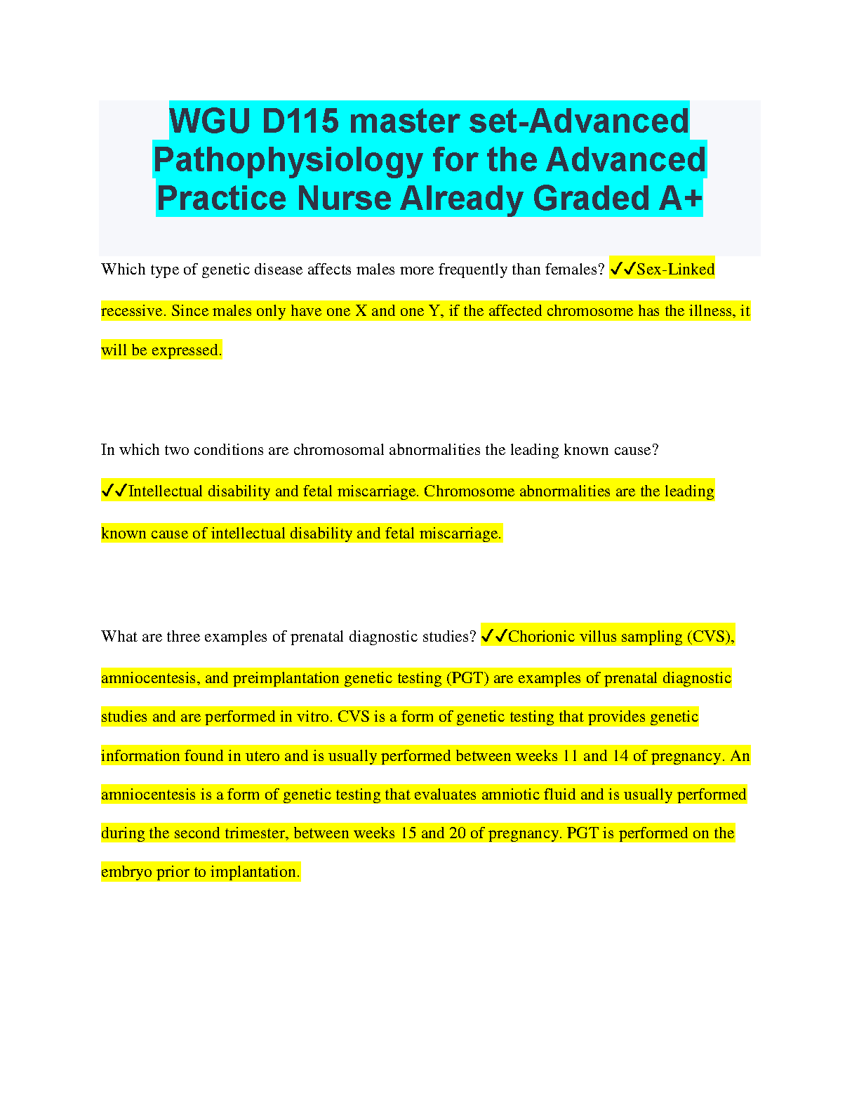 WGU D115 Advanced Pathophysiology Master Set Study Guide