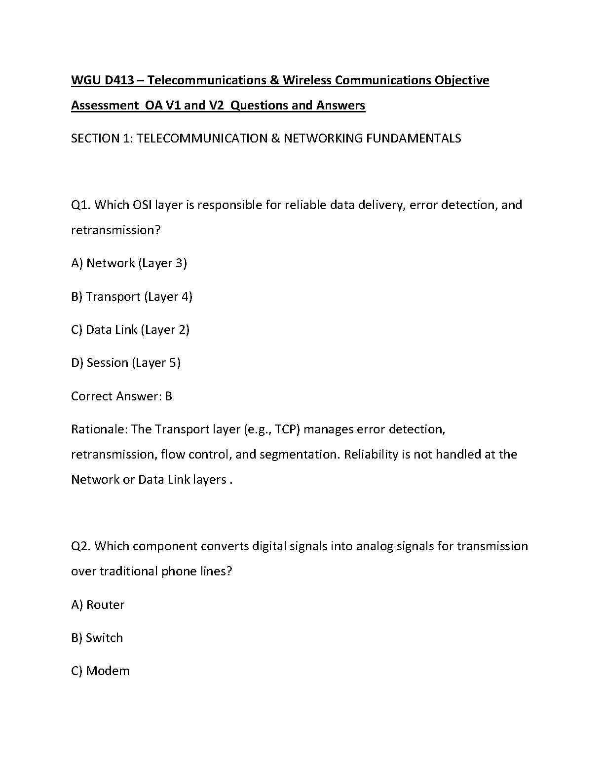 WGU D413 Telecoms OA V1/V2 Questions Answers Guide
