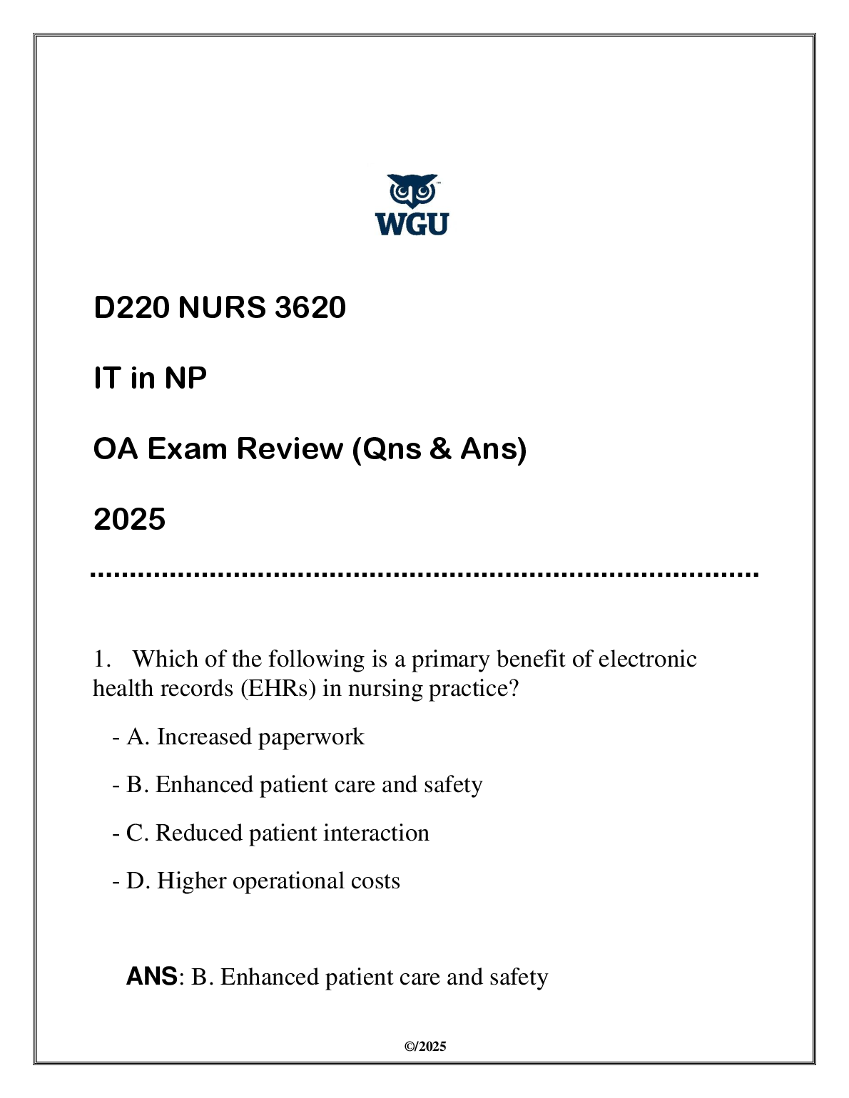 WGU D220 NURS 3620 IT in NP OA Test Bank and Answers
