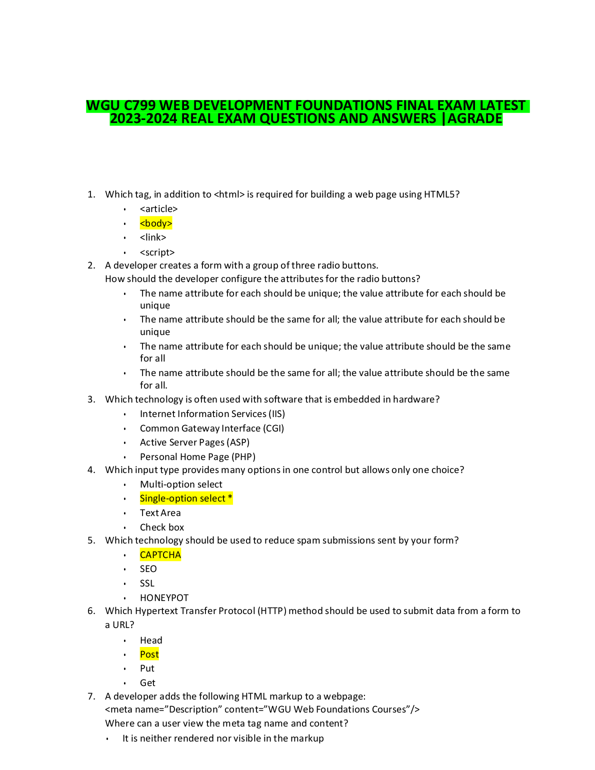WGU C799 Web Dev Final Exam Qs A's 2023-24 Study Guide