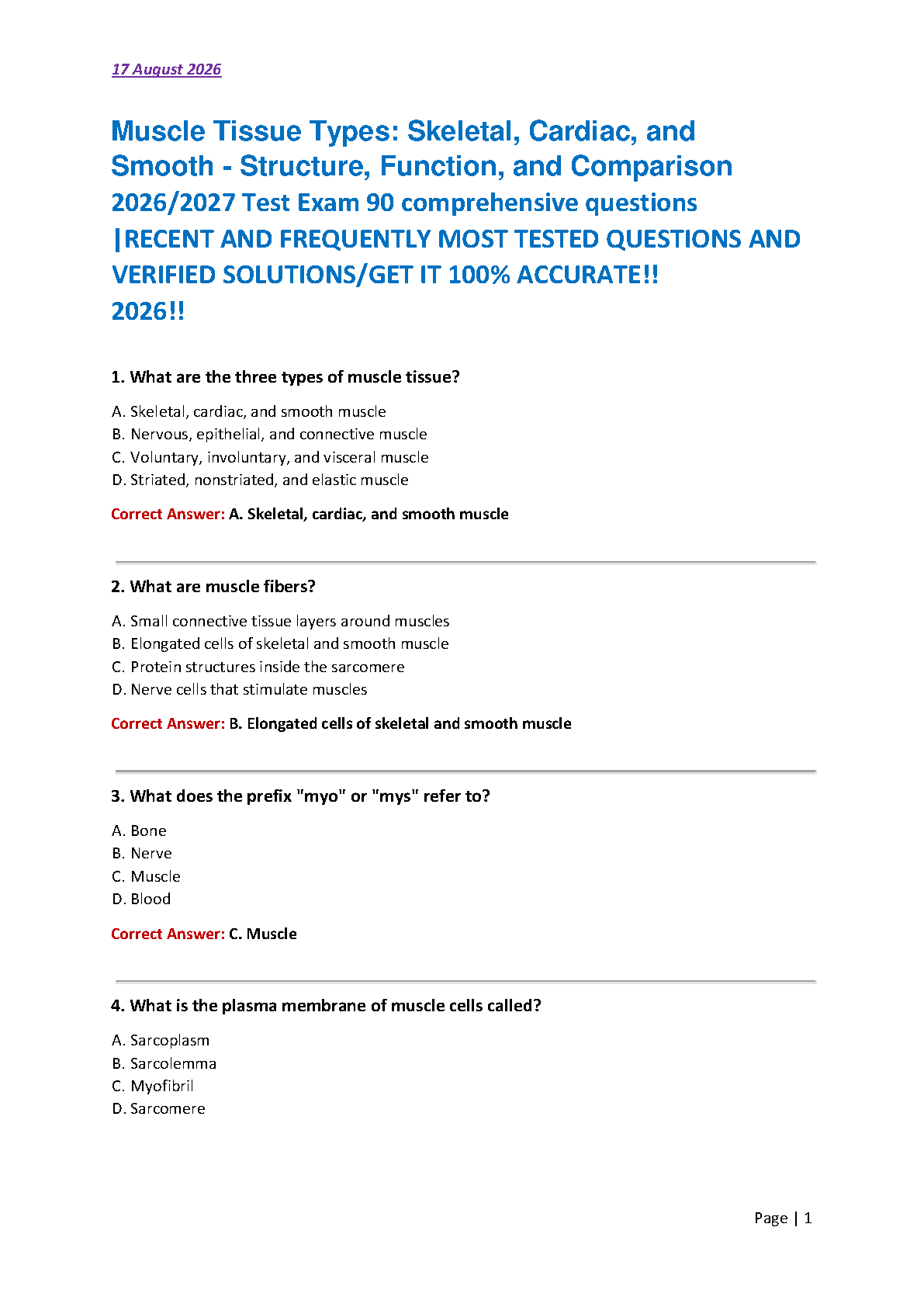 Muscle Tissue Types Test Bank 90 Questions Verified 2026/27