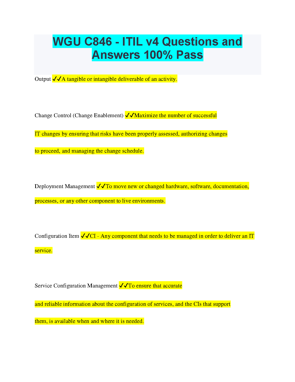 WGU C846 ITIL v4 Q&A Study Guide 2025