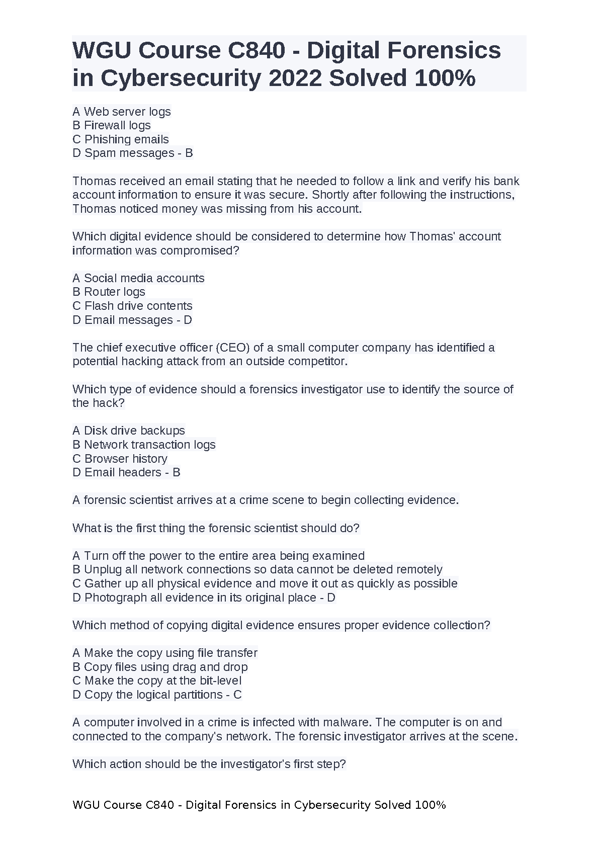 WGU C840 Digital Forensics Test Bank and Solutions 2024